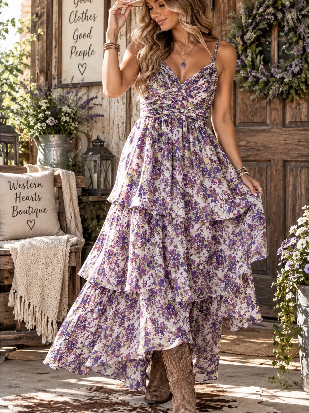 Aidan Mattox Floral Tiered Maxi Dress Beaded V Neck Purple Green Size 0